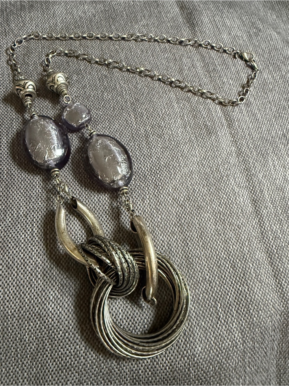 Premier Designs Skye Silver-Tone Rings Lavender Foiled Beads Statement Necklace
